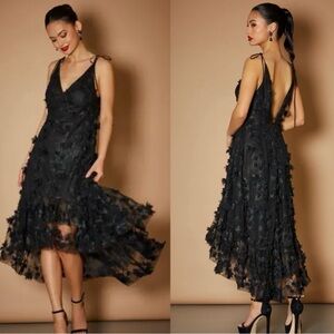 Anthropologie HELSI Ella 3d Floral High-Low Black Gown Size Large